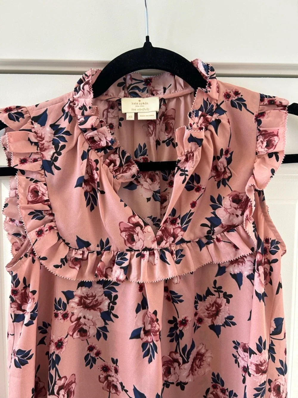 Kate Spade Prairie Rose Flutter Sleeve Blouse Pink Floral XS Ruffle Yoke - Picture 2 of 6